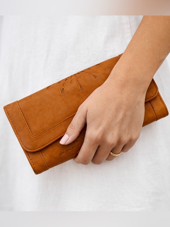 Ourbag Handbags - OURBAG Faux Leather Sunflower Trifold Wallet Boho Clutch Brown Cutout Design